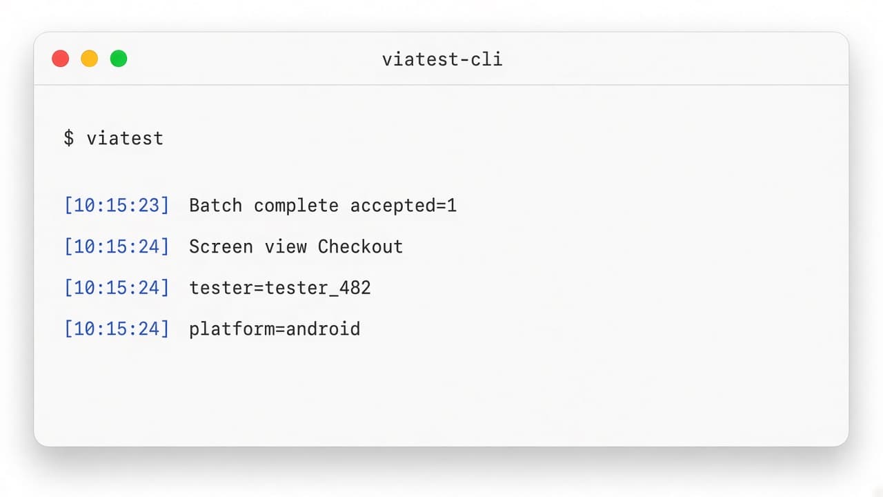 viatest-cli terminal showing accepted screen_view batches